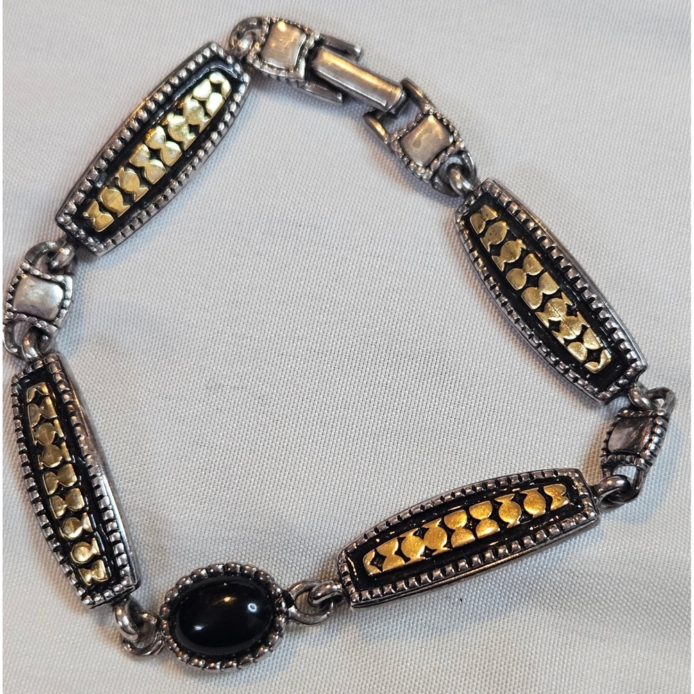 Vintage Silver and Gold Tone Link Bracelet with Black Cabochon Stone 7.5 Inch